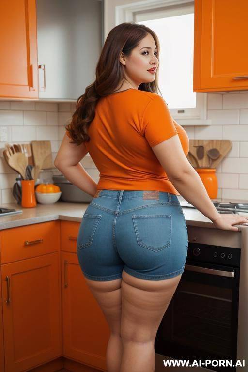 back view, chubby woman, full body, standing, long brown hair, triangular hips, thick thighs, wearing orange t-shirt, blue denim shorts, home kitchen - #main