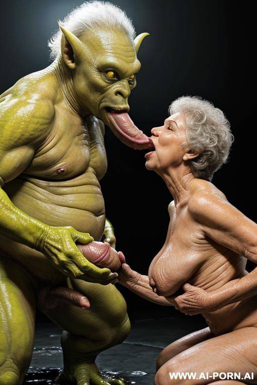 two characters in the picture: granny and monster (male extraterrestrial creature); tropical jungle, heavy rainstorm (a lot of water around), lightning; huge male extraterrestrial creature (very - #main