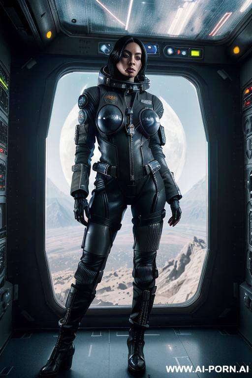 ((space station)), ((space)), ((moon)), ((space suite)), ((sci-fi)), (((space-ship)), ((neon light)), metal, (((full body space suite))), military, black, white, (((jacket))), ((boots)), (((space pilot))), - #main