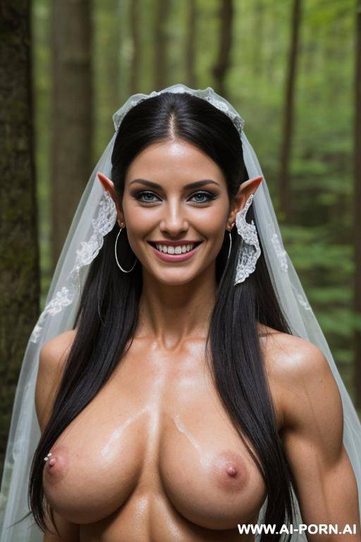 beautiful blue eyes, athletic with perfect massive natural tits, flowing long hair, seductive loving perfect face, totally naked, elf woman, tall, ear rings, cum in face, ropes of semen on face, wedding veil - #main