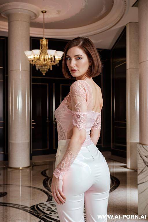(woman looking back at viewer over her shoulder), round face, square jawline, soft inviting smile, alluring eye contact - #main
