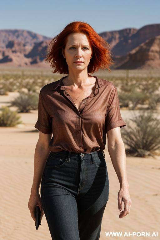 walking with two medium large s, on a sunny way, red hair, about 60 years old, see trough shirt, large brest - #main