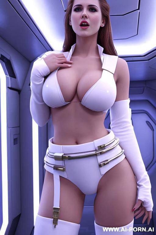 ((full body)), stunningly beautiful woman (((standing with hands on hips))) ((starring at the camera)) (((deep cleavage))) (((white pallid skin))) ((abs)) - #main