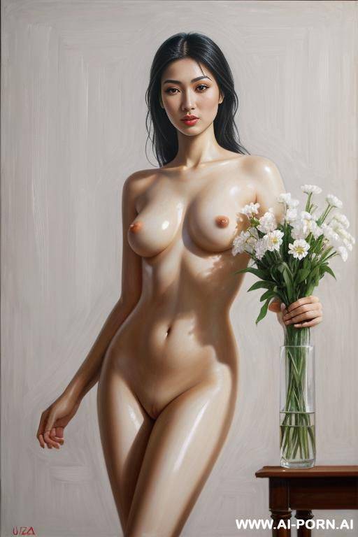 hyperrealism painting: very beautiful sexy orgazm uzbek face, totally nude body. white skin. standing full-length view. flower in a vase. art. - #main