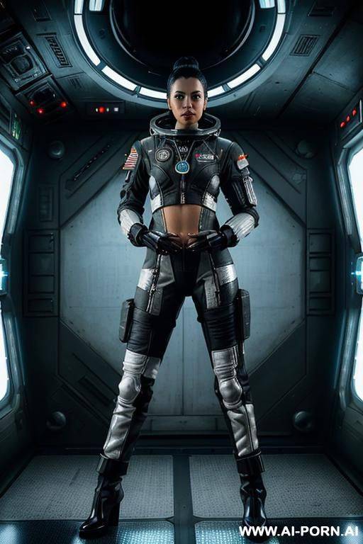 ((space station)), ((space)), ((moon)), ((space suite)), ((sci-fi)), (((space-ship)), ((neon light)), metal, (((full body space suite))), military, black, white, (((jacket))), ((boots)), (((space pilot))), - #main