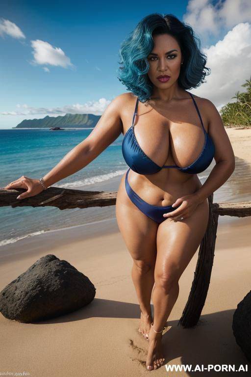 beautiful curly bangs, cinematic shot, natural huge saggy boobs, wide hips, hyperrealism, photorealism, sharp focus, dynamic lighting, cinemascope, fine details, superb cinematic, abs, dark strong eyeliner, big lips, ((sun tan)) - #main