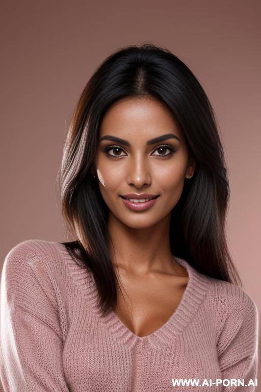pretty face, gorgeous perfect body, perfect natural breasts, firm hard large nipples, dark tanned skin, sly smile, extreme closeup, closeup view, head portrait, (((tanned))), professional photo studio background, fully clothed, pink sweater - #main