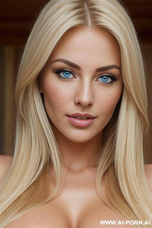 beautiful blue eyes, full view, athletic with perfect massive natural tits, flowing blonde hair, seductive loving perfect face, full view, full torso view, - #main