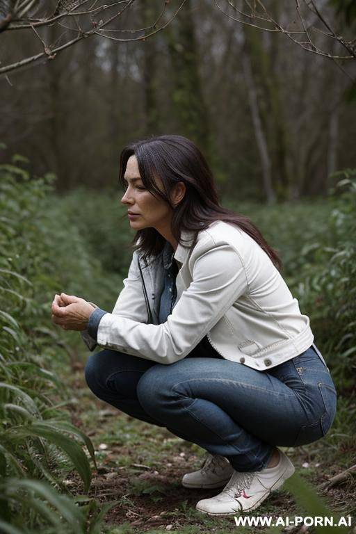 workerwoman, shirt, jeans, jacket squatting in underbrush besides field, side view - #main