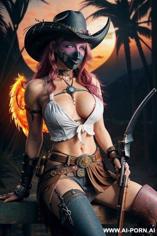 ((((masterpiece)))), (((woman sitting))), (glowing red eyes), (long blue purple and white hair with a flower), ((crop top white collar shirt with red tie)), ((((flaming angel wing)))), ((navy formal - #main