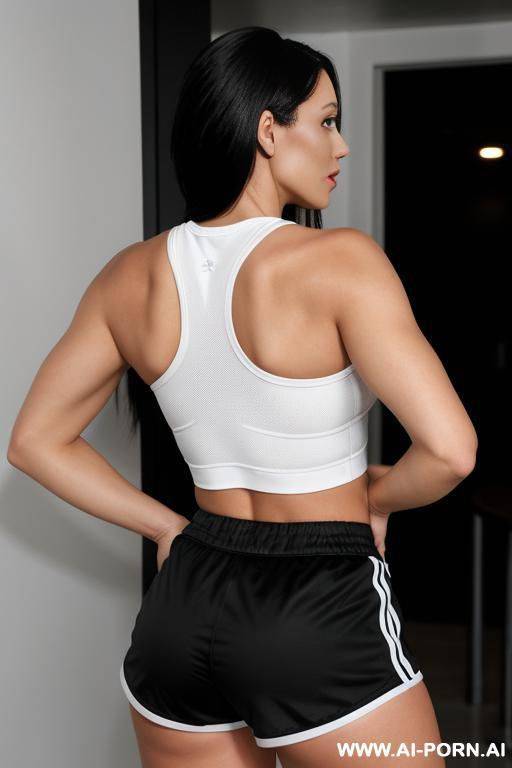 a woman with a sporty butt and breasts, dressed in short shorts and a crop top - #main