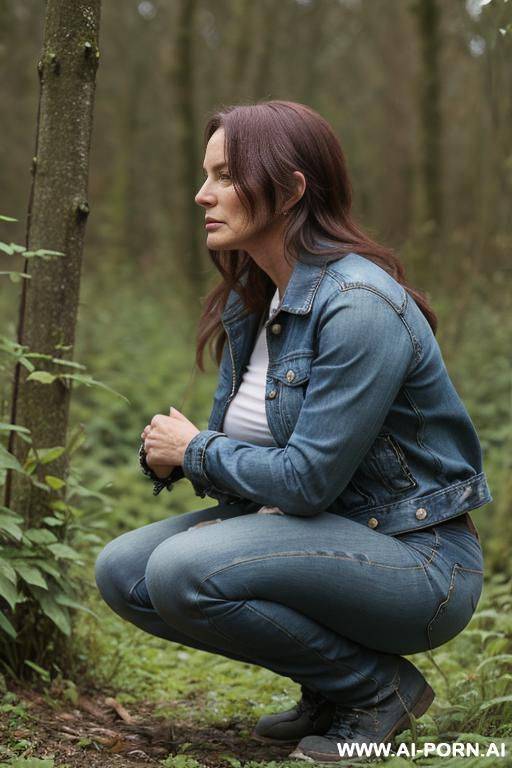 workerwoman, shirt, jeans, jacket squatting in underbrush besides field, side view - #main