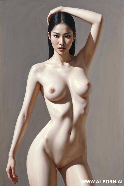 hyperrealism painting: very beautiful sexy orgazm uzbek face, totally nude body. white skin. standing full-length view. holding his head with one hand. holding his chest with the other hand. art. - #main
