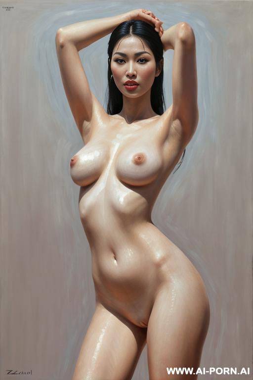 hyperrealism painting: very beautiful sexy orgazm uzbek face, totally nude body. white skin. standing full-length view. holding his head with his one hand up. art. - #main