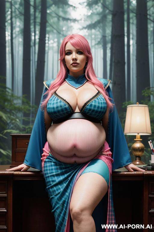 bbw obese grandma bloated belly round pregnant, show belly, in plaid black red sarong skirt, show huge lactating gigantic tits, lay down sleep - #main