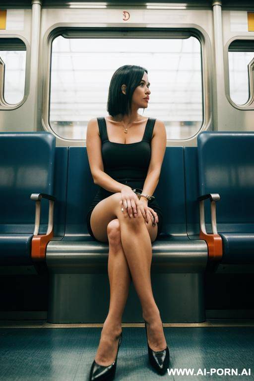 one woman, sitting in the train compartment, legs over each other, looking in the direction of the viewer. - #main