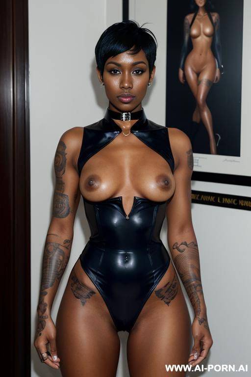 a naked dark-skinned muscular policewoman with short white hair, a body covered in vulgar inscriptions and sprayed with white liquid in a collar, lies in tears with a lost look in full growth - #main