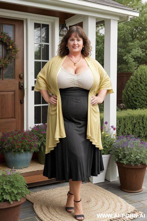 thick legs, beautifull legs, (((full body))), (((extremely long messy hair))), huge fake tits, thick arms, shapely arms, ((massive fat breasts)), smiling, necklace, wearing a yellow kimono, (((full legs visible))) - #main