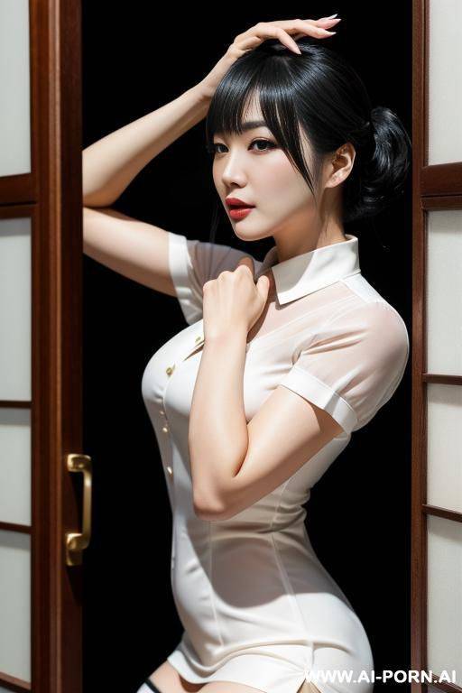 g罩杯美女 穿着ol性感制服 吊带袜 在办公桌上坐着 红底高跟 全身照 写实风 长相与冲田杏梨相似 - #main