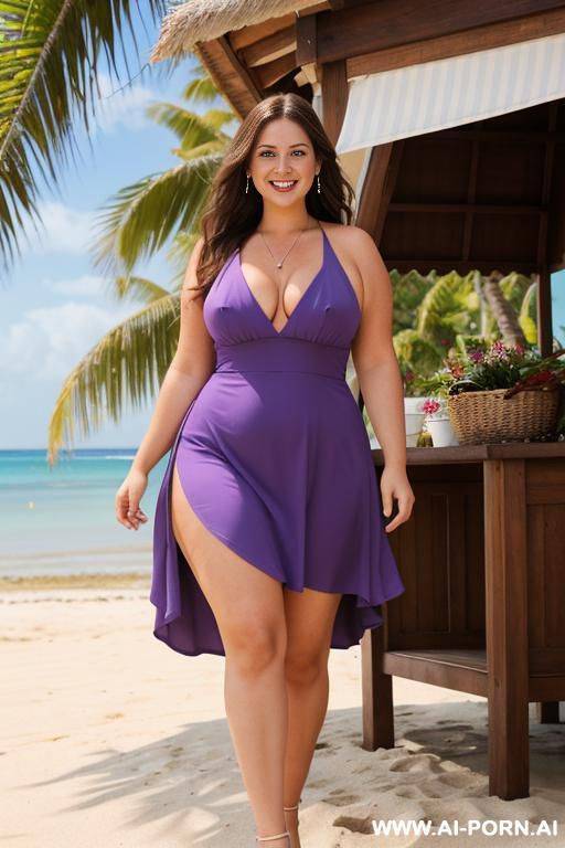 chubby woman, full body, standing, long brown hair, big smile, triangular hips, thick thighs, wearing low-cut violet dress with white leaves in front of kiosk on the beach - #main