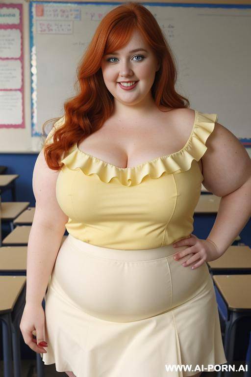 close up full body photo shot, about at classroom, chubby very ((obese)) redhead fat bbw curvy teacher, wearing a sexy and hot micro yellow ruffle skirt, and elegant top, teaching to the classroom. - #main
