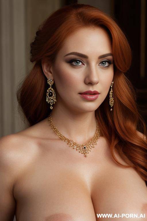 realistic, beautiful face, sexy body, perfect huge breasts, makeup, updo hair, naked woman. necklace, earrings, long voluminous hair - #main