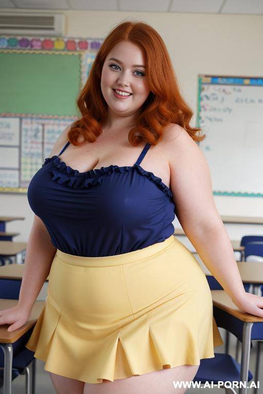 close up full body photo shot, about at classroom, chubby very ((obese)) redhead fat bbw curvy teacher, wearing a sexy and hot micro yellow ruffle skirt, and elegant top, teaching to the classroom. - #main