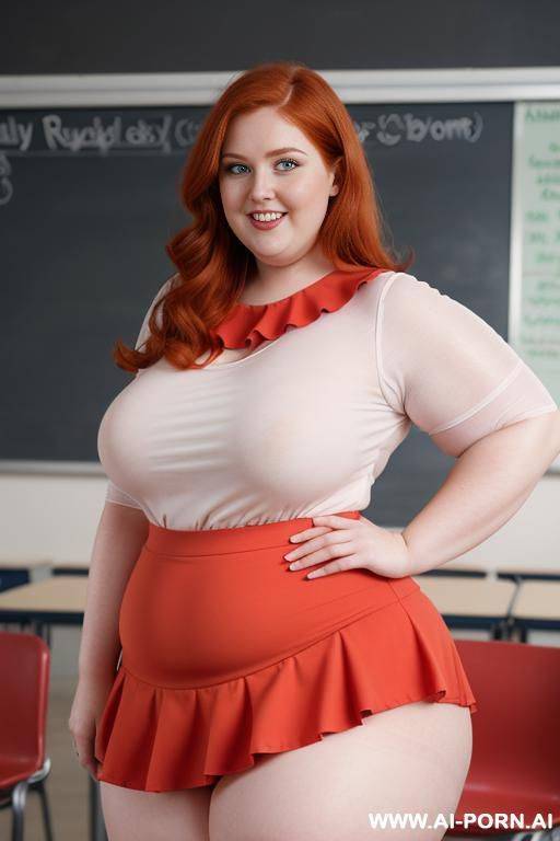 close up full body photo shot, about at classroom, chubby very ((obese)) redhead fat bbw curvy teacher, wearing a sexy and hot micro red ruffle skirt, and elegant top, teaching to the classroom. - #main