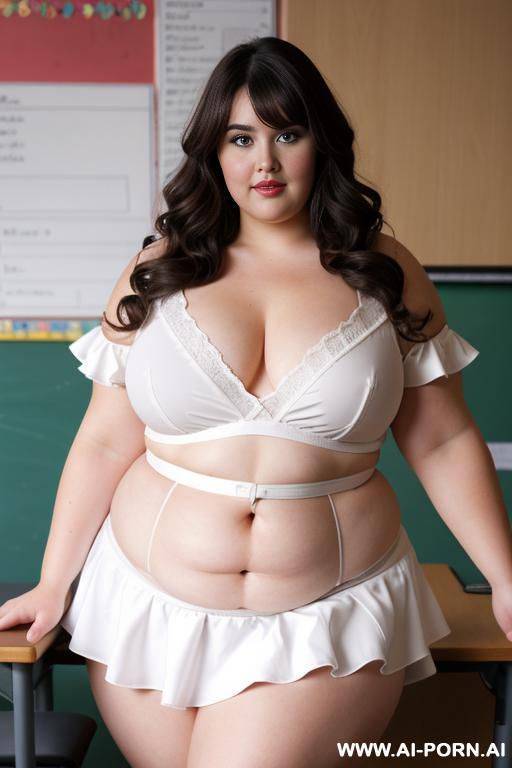 close up full body photo shot, about at classroom, chubby fat bbw curvy teacher, wearing a sexy and hot micro red ruffle skirt and elegant top, teaching to the classroom. - #main