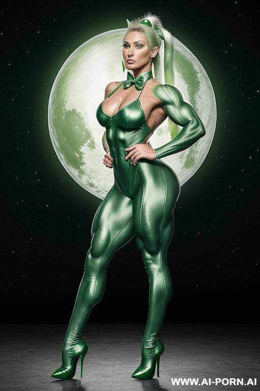 green skin colour, green face, green body, muscular female, ufo, beautifull face, dark-green lipstick, elf, ufo, bow tie, ufo green skin, ufo sexy green skin space ufo elf, beautifull face, bow tie, naked - #main