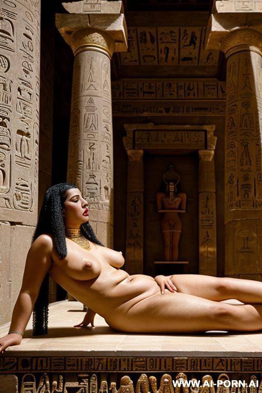 an ancient egyptian chubby naked female temple servant with shaved vagina is lying with spreaded legs on a table in the temple - #main