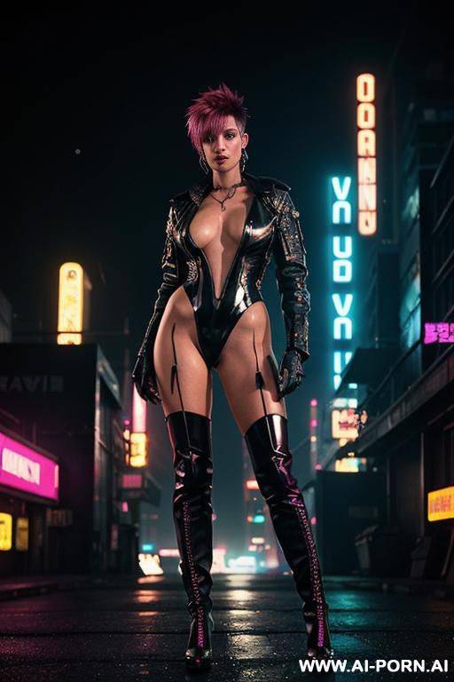 cyberpunk, neon city, blade runner, street at night. woman wearing shiny black boots. - #main