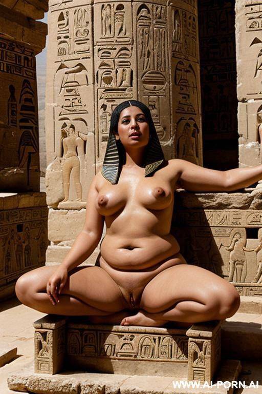 ancient egyptian chubby naked female temple servant with shaved vagina is lying on a shrine in a egyptian palace. she spreads her legs devotely - #main