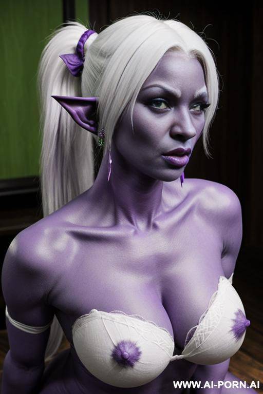 green troll cock, purple skin, drow, elf ears, massive tits, white hair, ponytail, kneeling, cock in throat - #main