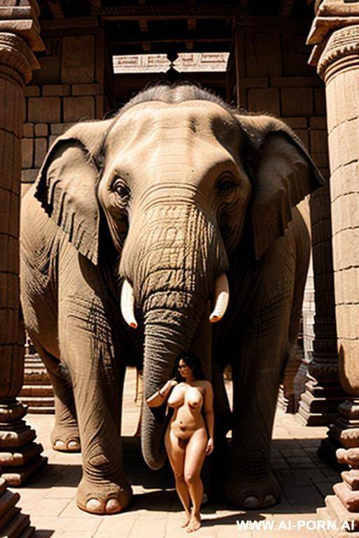ancient indian elephant is bearing with his trunk a full naked chubby female indian temple servant with shaved vagina - #main