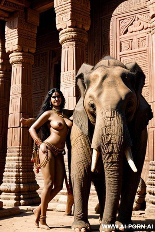 ancient indian female priestess is riding on an elephant, wich is bearing with his trunk a full naked chubby female indian temple servant with shaved vagina - #main