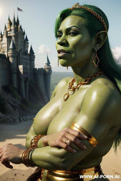 (((realistic look, ultra-realistic))) (((seductive orc queen))) (((full green skin))) (((full green painted skin))) (((big green ass))) full body view ((perfect beautiful face)) ((sexy beautiful plump - #main