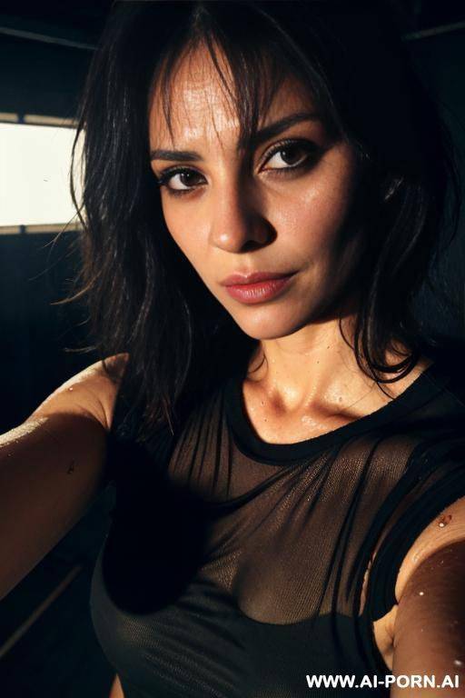 drunk, soaking in sweat, eye contact, selfie close-up, lacerated clothes, mature, disheveled tousled hair, in a t, dark lighting, - #main