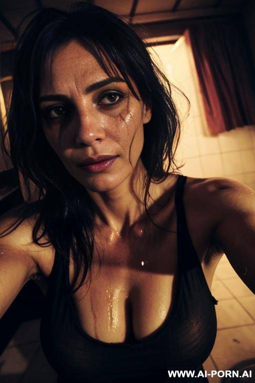 drunk, soaking in sweat, eye contact, selfie close-up, lacerated clothes, mature, disheveled tousled hair, in a t, dark lighting, long erect nipples, exhausted, - #main