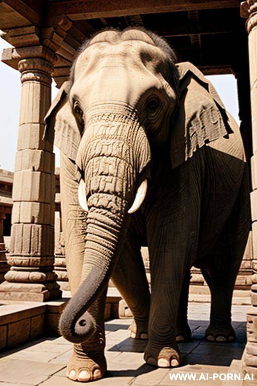 ancient indian elephant is carrying with his trunk a full naked chubby female indian temple servant with shaved vagina - #main