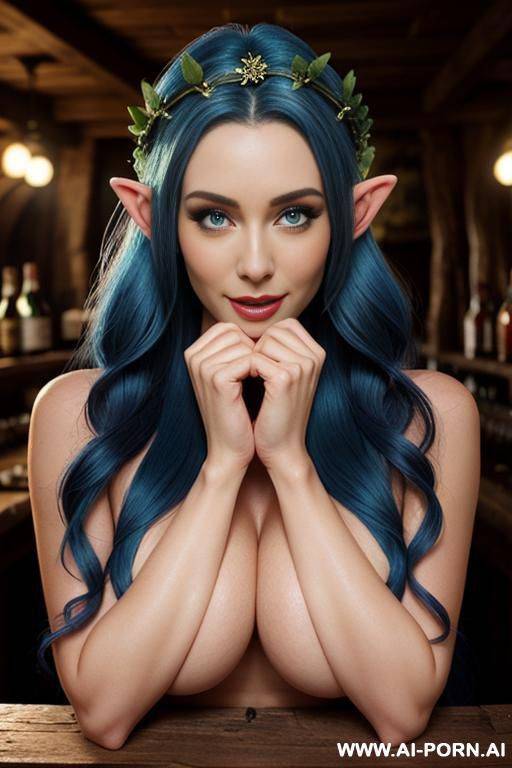 pretty face, pretty boobs, elf woman, elf goddess, elf eras, detailed face, soft alluring smile, long hair, totally naked, eye contact, necklace, flower crown - #main