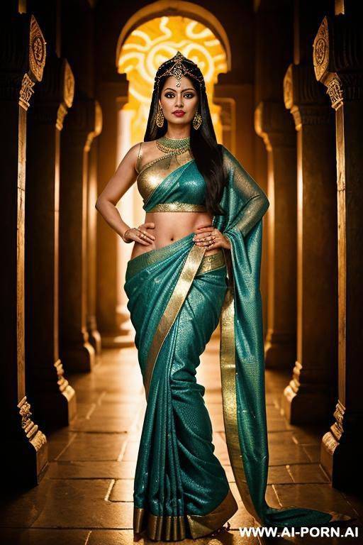 a mystical indian serpent goddess standing in an ancient temple surrounded by glowing blue fire. her upper body is that of a graceful, mature indian woman with long flowing black hair, rned - #main