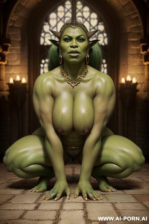 (((realistic look, ultra-realistic))) (((seductive orc queen))) (((full green skin))) (((full green painted skin))) (((big green ass))) full body view ((perfect beautiful face)) ((sexy beautiful plump - #main