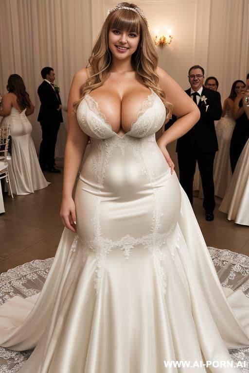 tall, enormous, 20 year old, smiling, ((massive breasts)), long wavy blonde hair with bangs, at a wedding reception, wearing a wedding dress showing cleavage - #main