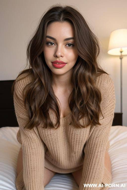 light brown wavy hair, oversized sweater, no panties, bedroom, on bed, eye contact, ((plump lips)), ((full lips)), ((big lips)), ((oversized lips)), lean body, horny, influencer, cutie - #main
