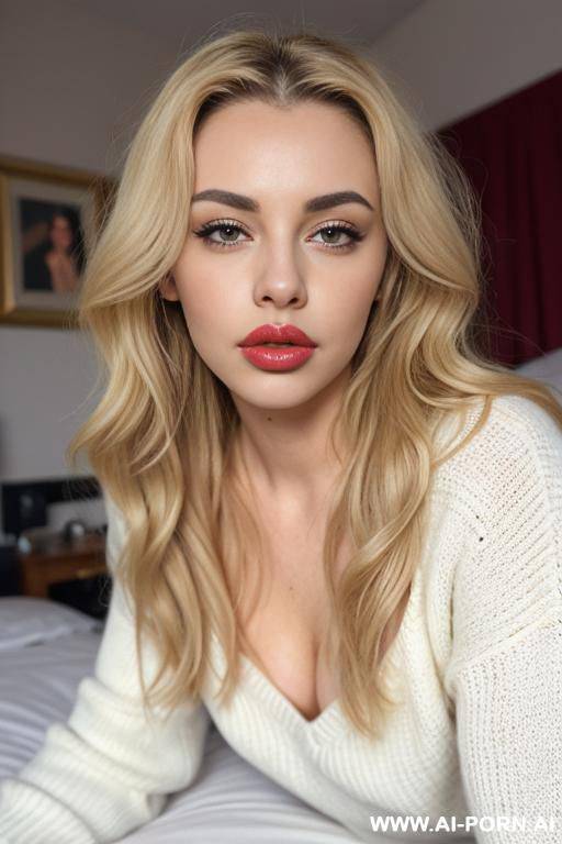 blonde wavy hair, oversized sweater, no panties, bedroom, on bed, eye contact, ((plump lips)), ((full lips)), ((big lips)), lean body, horny - #main