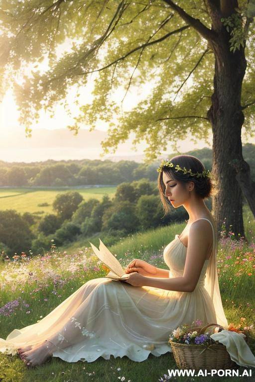 a , beautiful nature-loving woman sitting barefoot on soft green grass in a peaceful mew surrounded by wildflowers and tall trees, wearing a flowing white summer transparent dress and a flower - #main