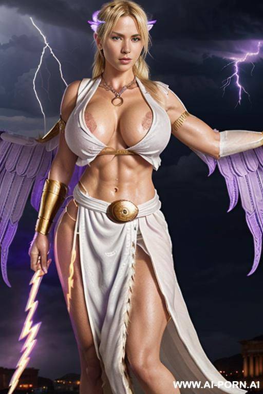 goddess of lightning, (((massive boobs))), (((white roman toga))), (((lightning in background))), purple diamond necklace, (((show abs))), (((purple electric wings))) - #main