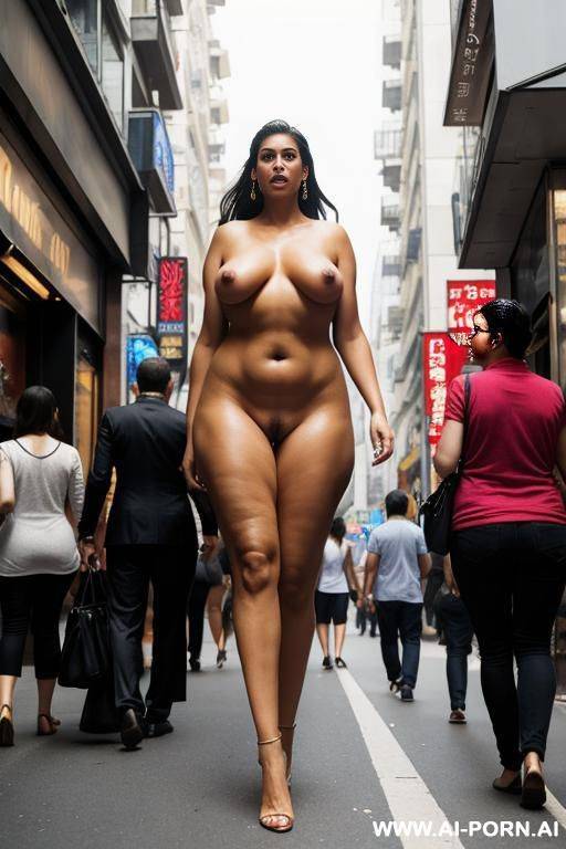 super-naturally mega-tall giant woman, giantess, people are walking under her ankles, crowded street - #main