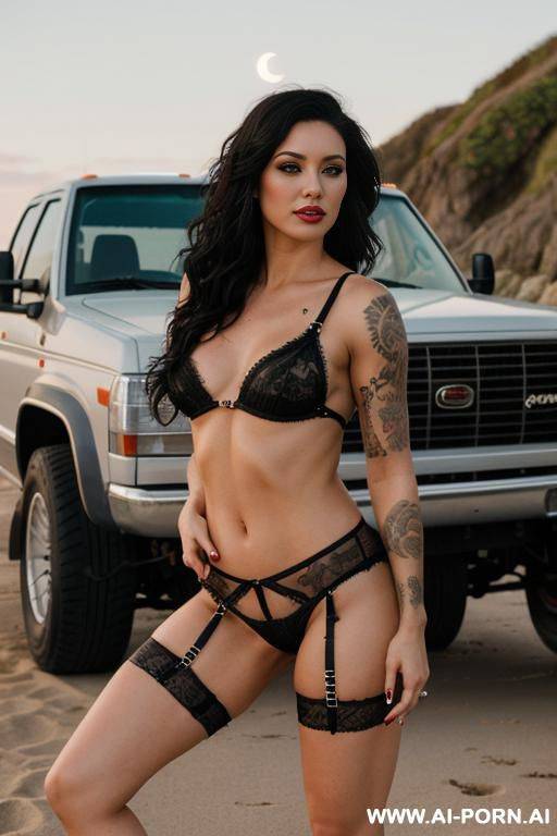 beautiful, realistic, serbian, 30, slight cheekbones, wavy flowing hair, black hair, white skin, athletic body, saggy boobs, slight smile, makeup, eye shw, standing, spreading legs, naked, truck stop background. - #main